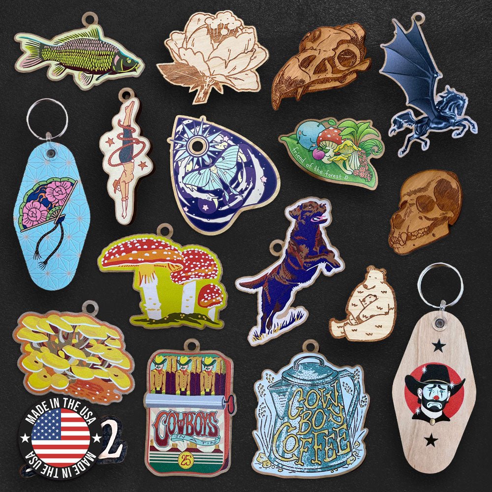 Custom Wooden Pins, Keychains, Stickers, Pins and Ornaments - Alchemy Merch